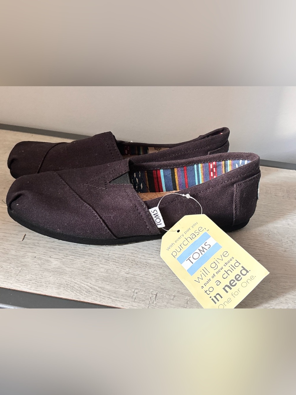 Toms  Slip-On Sneakers in Black/Brown with Colorful Striped Lining, Size 7, New